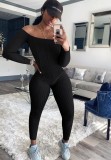 Casual Black Ribbed Off Shoulder Long Sleeve Bodycon Jumpsuit