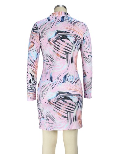 Wavy Stripes Print Pink Midi Neck Long Sleeve Slinky Mini Dress