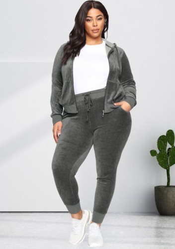 Plus Size Grey Velvet Zip Up Hoody Top and Drawstring Pants 2PCS Set