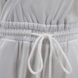 White Drawstrings V-Neck Long Sleeve Modest Tunic Jumpsuit