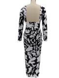 Black and White Print O-Neck Backless Tight Long Dress