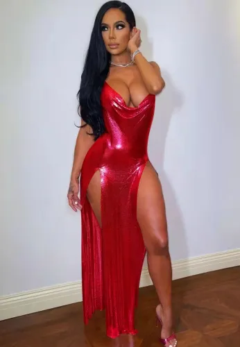Red Metallic Side Slit Cami Halter Backless Irregular Long Dress