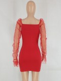 Red Sweetheart Collar Ruched Mesh Flare Long Sleeve Fitted Mini Dress
