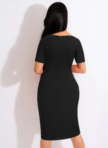 Black O-Neck Short Sleeve Scrunch Ruffled Slinky Midi Dress