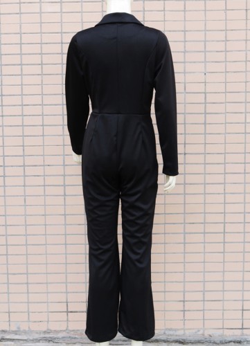 Black V-Neck Turndown Collar Long Sleeve Blazer Jumpsuit