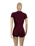 Wine Red Fleece V-Neck Short Sleeve Tight Jumpsuit