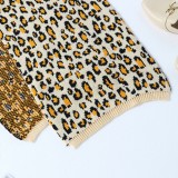Leopard Print Turndown Collar Side Split Irregular Long Sweater Top