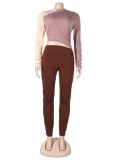 Contrast Color Long Sleeve Round Neck Slim Top and Pants 2PCS Sets