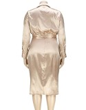 Plus Size Apricot Silk Ruched Tied Button Open Midi Blouse Dress