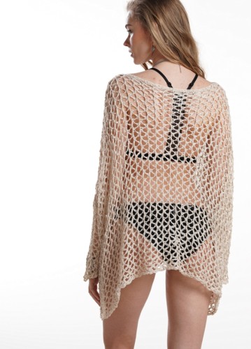 Beige Knitted Fishnet Long Sleeve Beach Mini Cover Up Dress