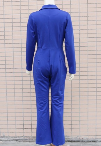 Blue V-Neck Turndown Collar Long Sleeve Blazer Jumpsuit