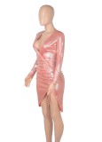 Shiny Pink Metallic V-Neck Long Sleeve Ruched Strings Midi Dress
