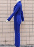Blue V-Neck Turndown Collar Long Sleeve Blazer Jumpsuit