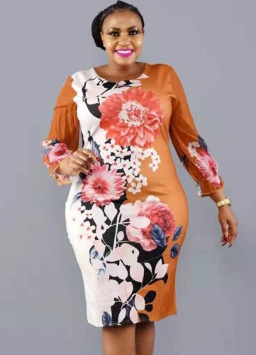 Plus Size Floral Print Silk O-Neck Chiffon Long Sleeve Midi Dress