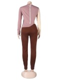 Contrast Color Long Sleeve Round Neck Slim Top and Pants 2PCS Sets