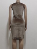 Brown Velvet V-Neck Sleeveless Scrunch Midi Office Dress