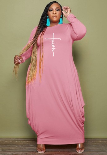 Plus Size Pink Print O-Neck Long Sleeve Loose Maxi Dress