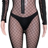 Black Check Zip Up Long Sleeve See Through Slim Fit Jumpsuit