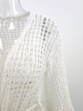 White Knitted Fishnet Long Sleeves Beach Cover-Up with Belt