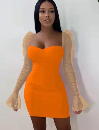 Orange Sweetheart Collar Ruched Mesh Flare Long Sleeve Fitted Mini Dress