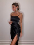 Black Silk Irregular Cami Ruched Long Dress