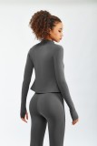 Grey Tight Long Sleeve Zipper Top and High Waist Pants Yoga 2PCS Set