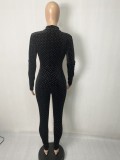 Crystal Black Velvet See Through Midi Neck Long Sleeve Slim Jumpsuit