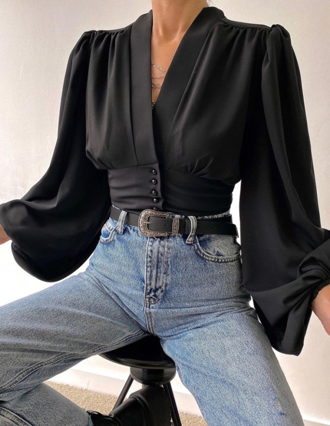 Black V-Neck Puffed Long Sleeve Button Up Tight Waist Shirt