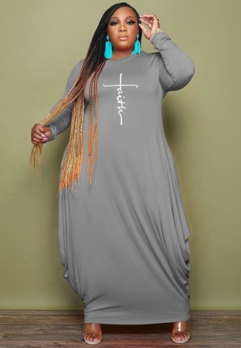 Plus Size Gray Print O-Neck Long Sleeve Loose Maxi Dress