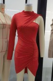 Red Sequins O-Neck One Shoulder Single Sleeve Irregular Slinky Dress