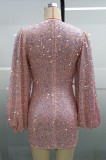 Sequins Pink Deep-V Puff Sleeve Mini Dress