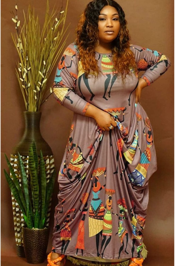 Plus Size Print Brown Long Sleeves O-Neck Loose Maxi Dress