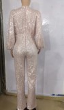 Pink Sequins V-Neck Puff Long Sleeve Club Jumpsuit with Belt
