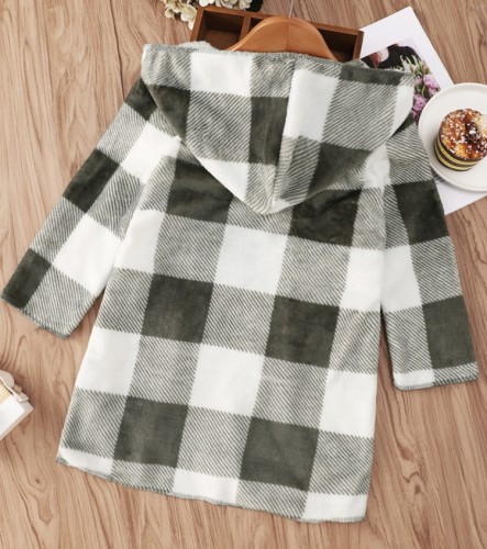 Green Plaid Long Sleeve Hoody Cover-Up For Boy Kids
