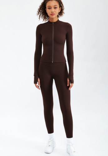 Brown Tight Long Sleeve Zipper Top and High Waist Pants Yoga 2PCS Set