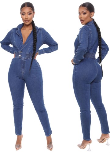 Blue Turndown Collar Button Up Long Sleeve Jeans Jumpsuit with Pocket