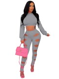 Grey Long Sleeves Hoody Crop Top and Hollow Out Pants 2PCS Set