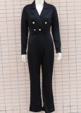Black V-Neck Turndown Collar Long Sleeve Blazer Jumpsuit