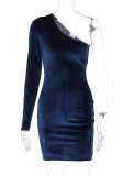 Blue Velvet One Shoulder Single Long Sleeve Slinky Mini Dress