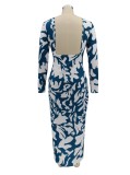 Blue and White Print O-Neck Backless Tight Long Dress