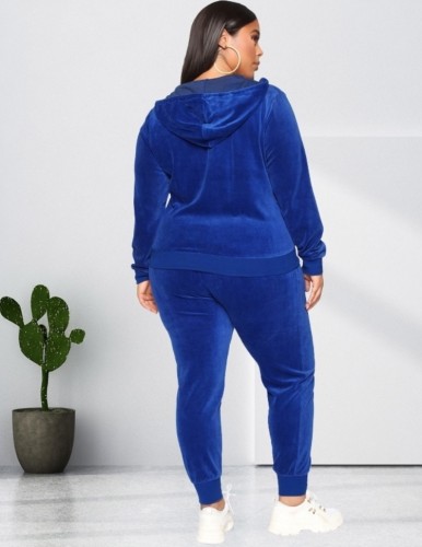 Plus Size Blue Velvet Zip Up Hoody Top and Drawstring Pants 2PCS Set