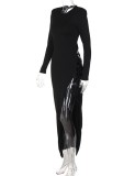 Black O-Neck Backless Lace Up High Slit Long Sleeve Maxi Dress