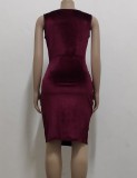 Wine Red Velvet V-Neck Sleeveless Scrunch Midi Office Dress