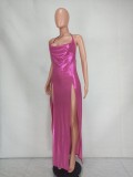Rose Metallic Side Slit Cami Halter Backless Irregular Long Dress