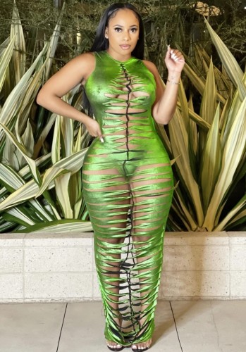 Green Hollow Out O-Neck Sleeveless Maxi Dress