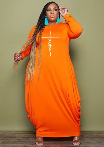 Plus Size Orange Print O-Neck Long Sleeve Loose Maxi Dress