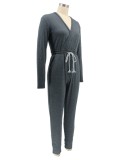 Grey Drawstrings V-Neck Long Sleeve Modest Tunic Jumpsuit