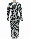 Dk-Green and White Print O-Neck Backless Tight Long Dress