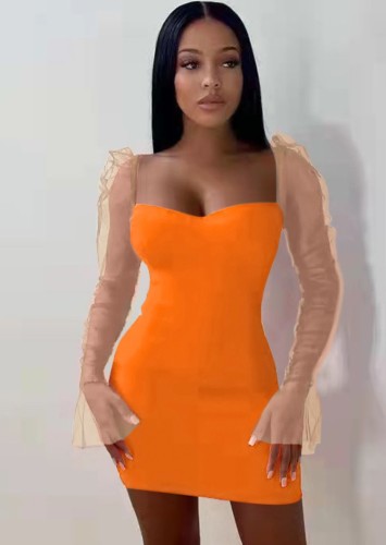 Orange Sweetheart Collar Ruched Mesh Flare Long Sleeve Fitted Mini Dress