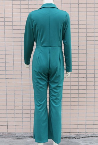 Green V-Neck Turndown Collar Long Sleeve Blazer Jumpsuit